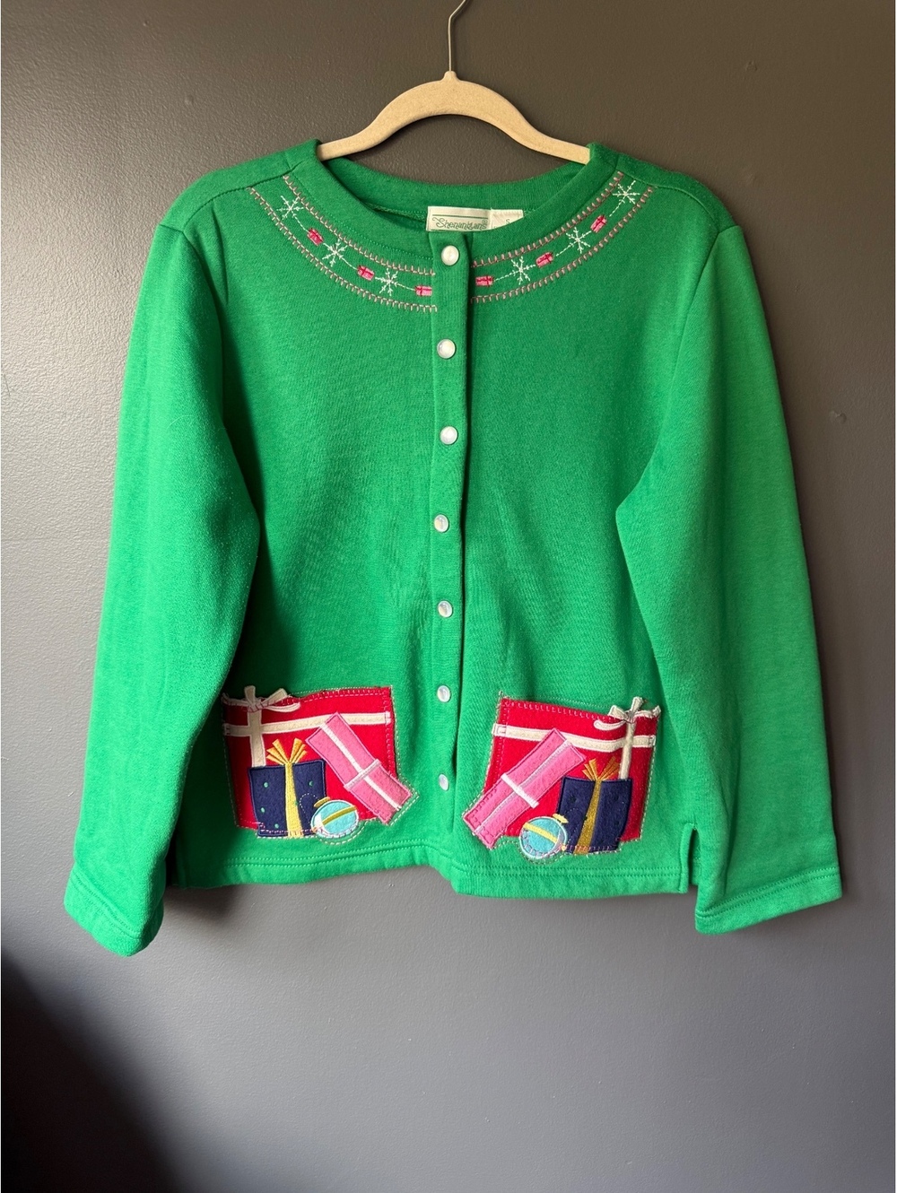 Shenanigans Green Holiday Cardigan with Gift Appliques, Size Small